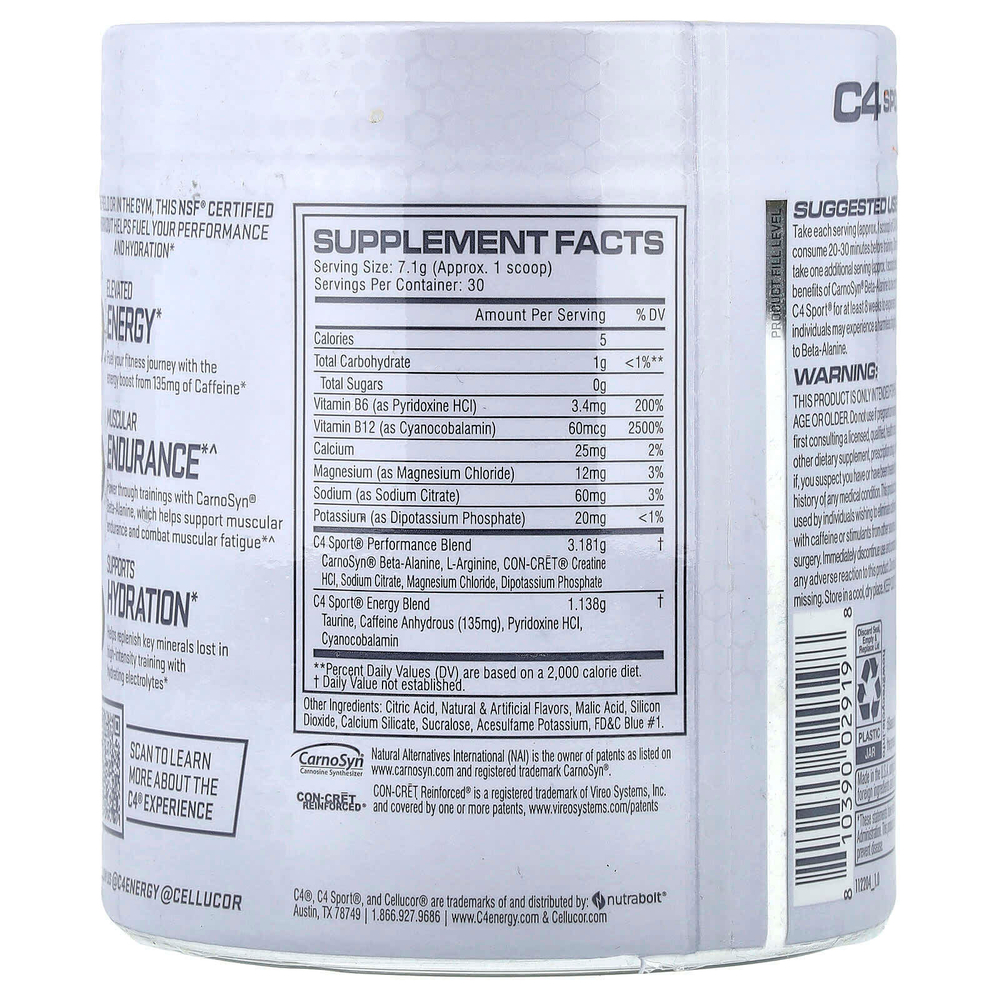 C4 / Cellucor, C4 Sport, предтренировочный, голубая малина,  213 г (7.5 унций)