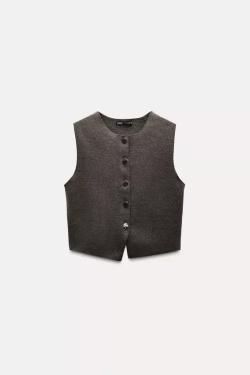 ZARA ЖИЛЕТ ИЗ ЭЛАСТИЧНОГО ТРИКОТАЖА С ПУГОВИЦАМИ, КОРИЧНЕВАТЫЙ