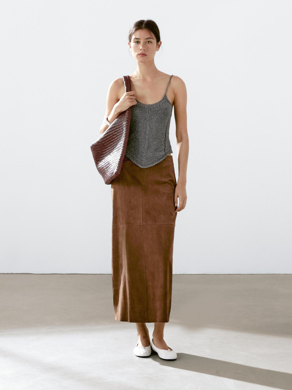 Massimo Dutti Юбка миди из замши, коричневый