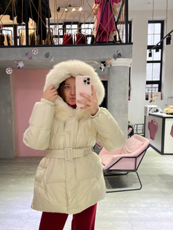 Пуховик Fresh миди с поясом молочный