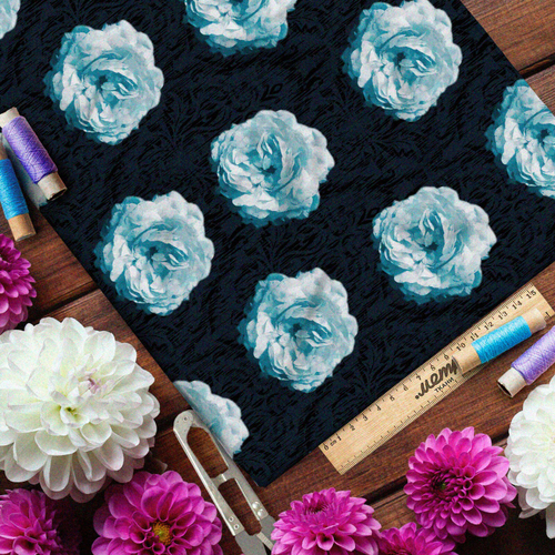 Ткань шелк Армани голубые розы из папье-маше на тёмном фоне