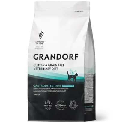Сухой корм GRANDORF VETERINARY DIET Cat GASTROINTESTINAL MODERATE CALORIE, Полнорационный диетический сухой корм для кошек, разработанный для лечения острых расстройств пищеварения и поддержки липидного обмена при гиперлипидемии индейка 2кг