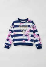 Свитшот GUESS Сине-белая полоска/Принт: орхидеи/Вышивка: золотой треугольник-логотип Девочка