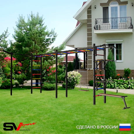 Уличная шведская стенка Sv Sport рукоход х 2 с комплектом турник прямой У53533 (Турник/Брусья/Стойка/Скамья/Деревянные/Кронш бокс)