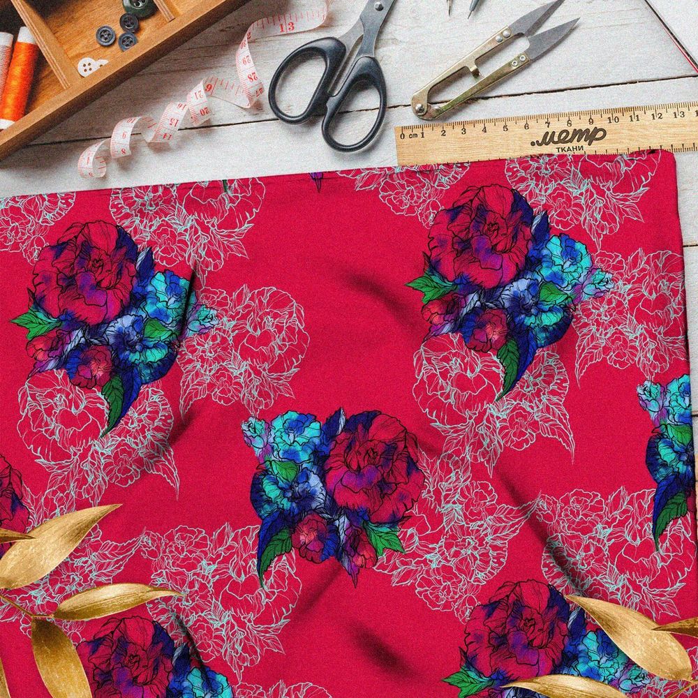 Ткань дюспо красно-синие цветы