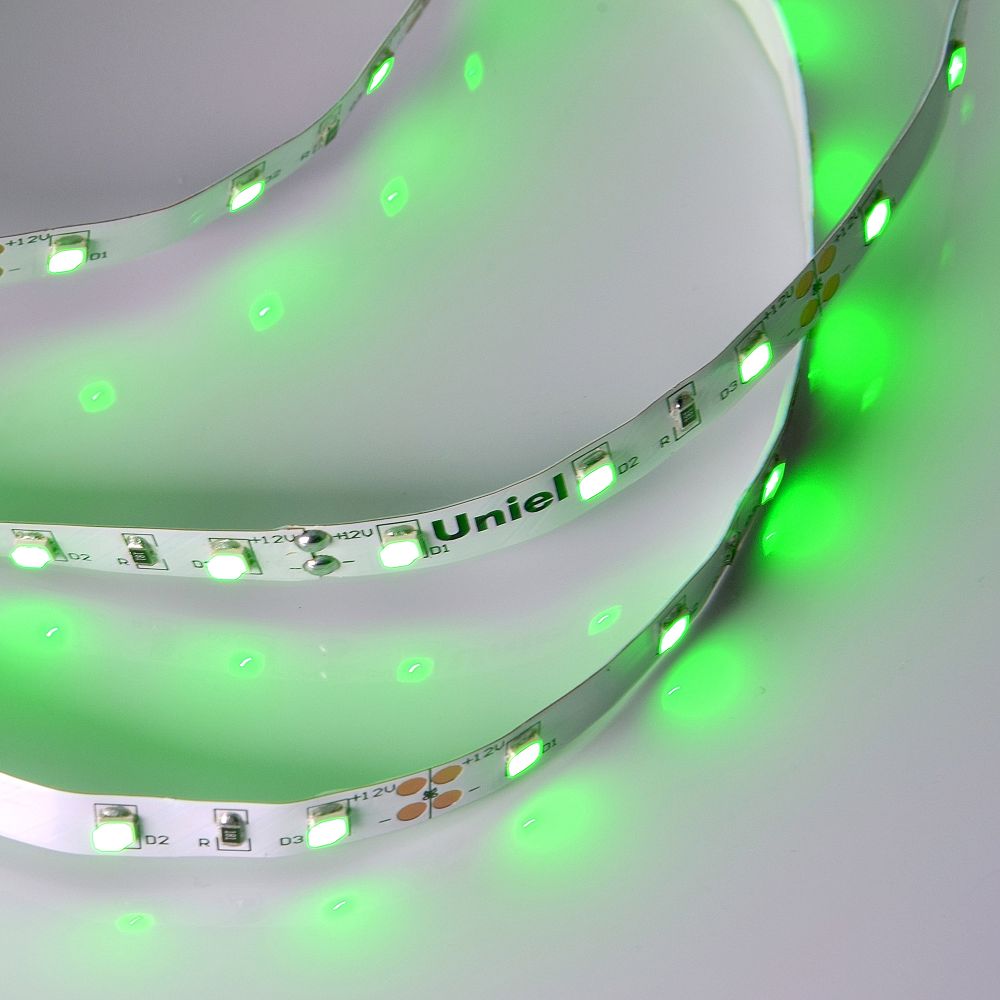 ULS-M11-2835-60LED-m-8mm-IP20-DC12V-4.8W-m-5M-GREEN PROFI Гибкая светодиодная лента на самоклеящейся основе. Катушка 5м. в герметичной упаковке. Зеленый свет. ТМ Uniel.