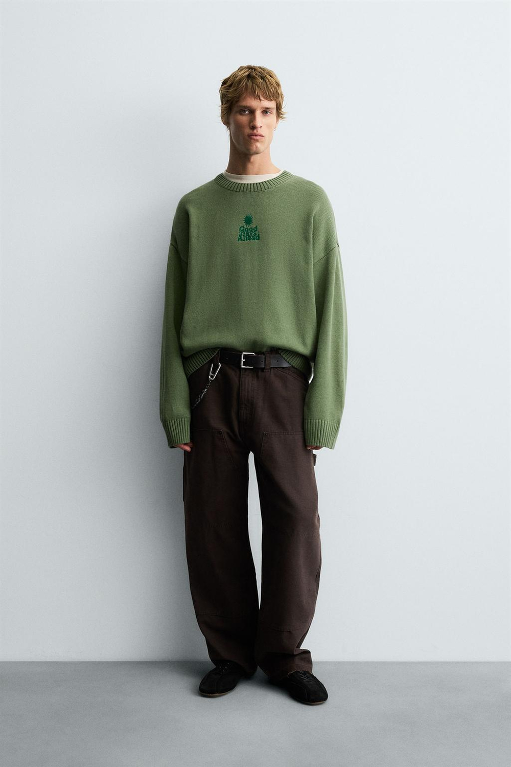 ZARA ДЖЕМПЕР BOXY FIT С ПРИНТАМИ, ЗЕЛЕНЫЙ