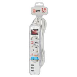 Удлинитель электрический ЭРА U-3es-1,5m-USB c заземлением с выключателем 3 розетки + 3xUSBA 1,5м 10А