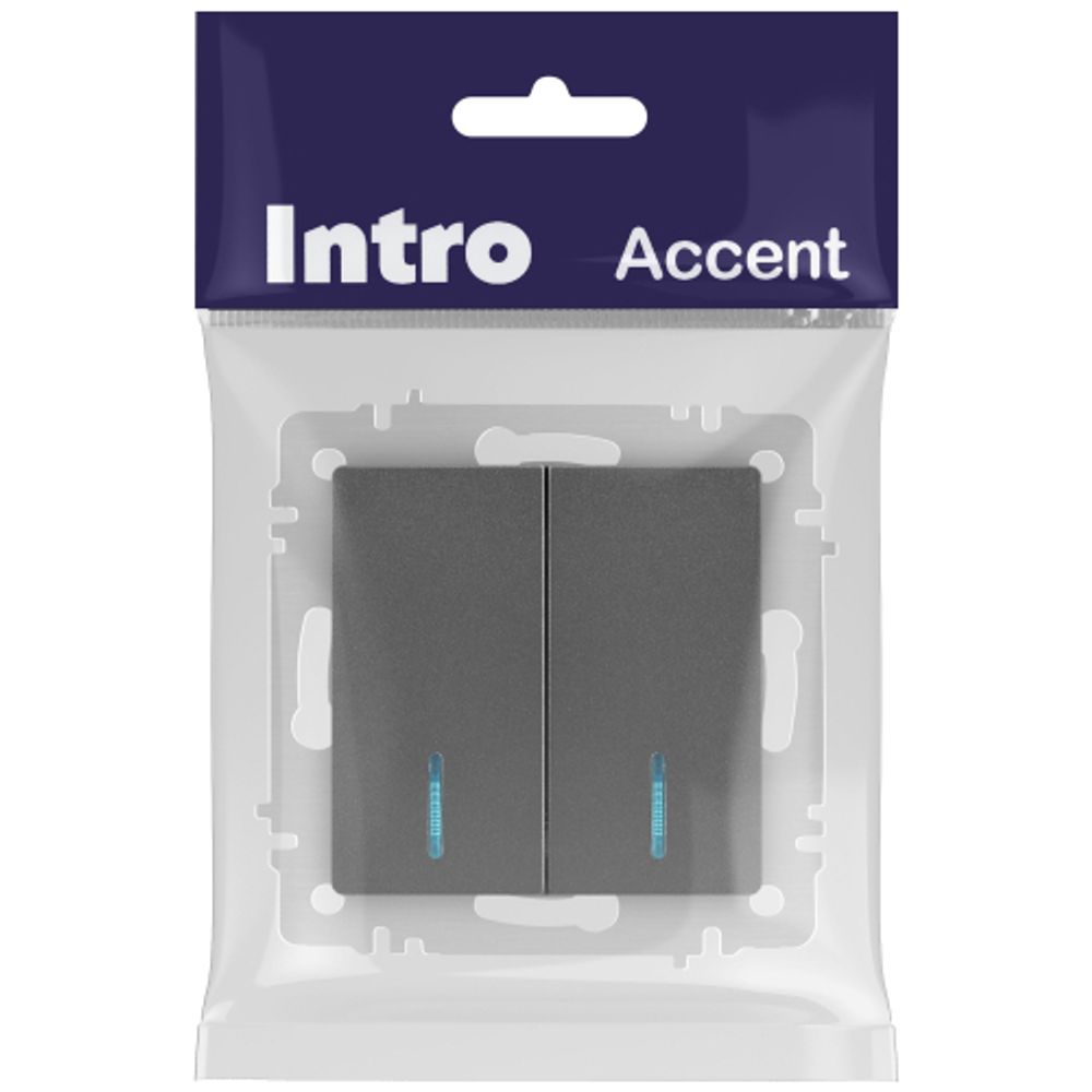 Выключатель Intro Accent 6-105-07 двойной с подсветкой, 10А-250В, IP20, СУ, AL/CU, графит