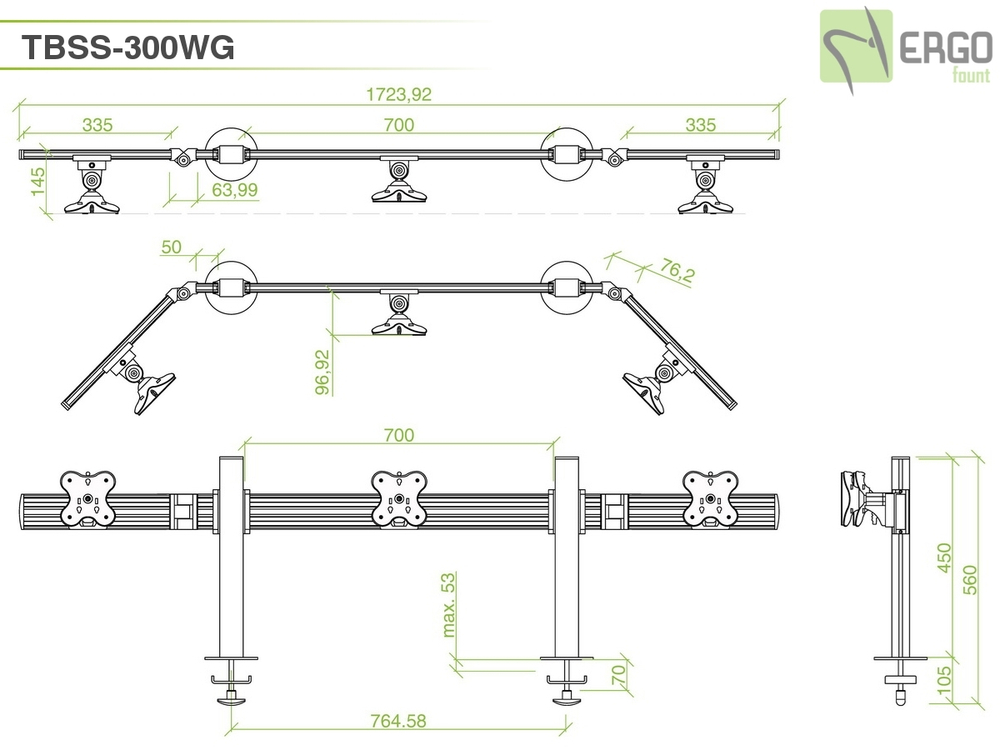 ErgoFount TBSS-300WG Настольное крепление для 3 мониторов диагональю до 24'' конфигурации 1х3 со струбциной к столу типа "G". Цвет - серебристый