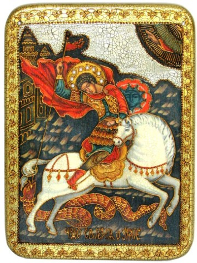 Инкрустированная икона Чудо святого Георгия о змие 29х21см на натуральном дереве в подарочной коробке