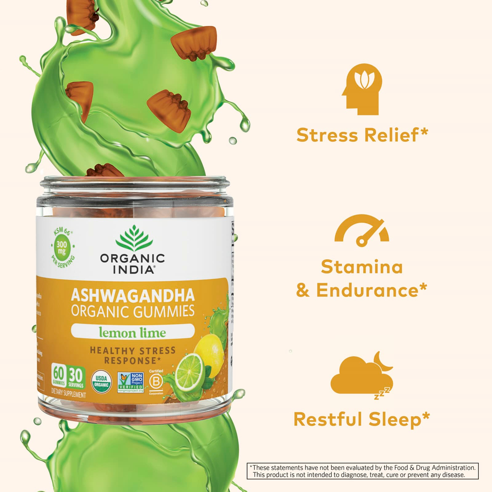 Organic India, Органические жевательные мармеладки ашваганда, лимон и лайм, 60 жевательных мармеладок (150 мг в каждой жевательной мармеладке)