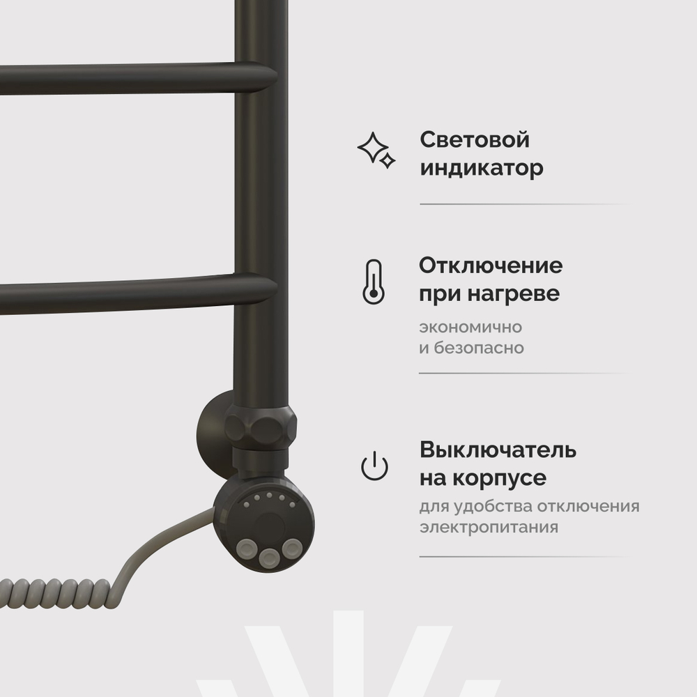 Полотенцесушитель электрический EWRIKA Сафо D 65x55 см, подключение справа, матовый черный, лесенка