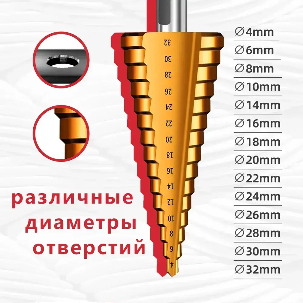 ТЕХНОИДЕАЛ Комплект ступенчатых конусных сверл для металла и дерева (6 предметов)/Набор ступенчатых фрезеровальных конусных сверл
