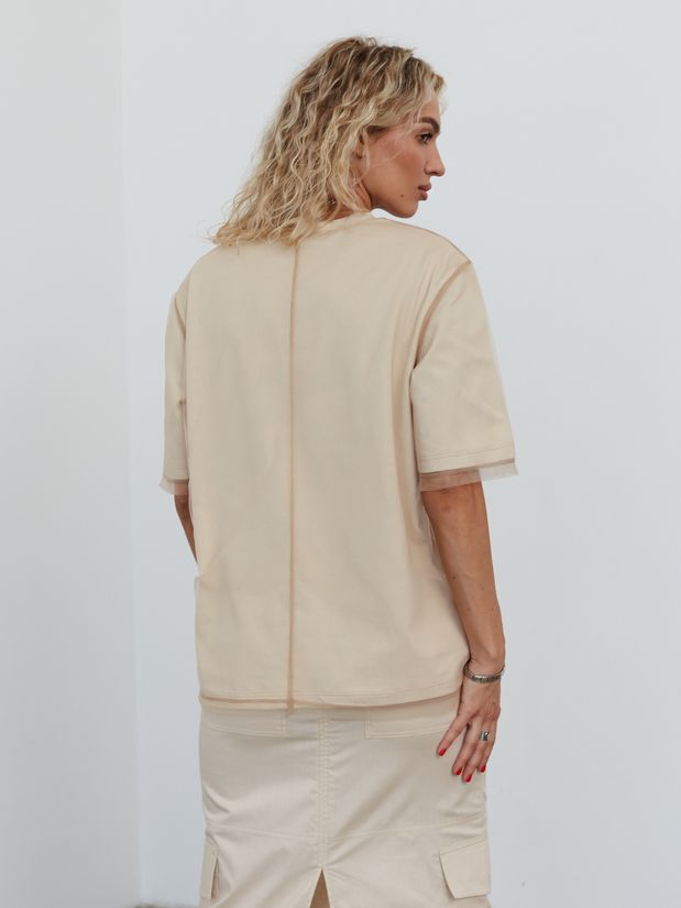 Футболка двойная с сеткой и буквами PLN, бежевый