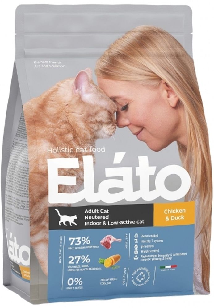 Elato Holistic 300г Сухой корм для кастрированных котов, стерилизованных и малоактивных кошек, с курицей и уткой
