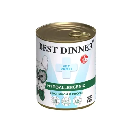 BEST DINNER (Бест Динер) Exclusive Vet Profi Hypoallergenic Консервы для собак для профилактики пищевой аллергии , с кониной и рисом, 340 г