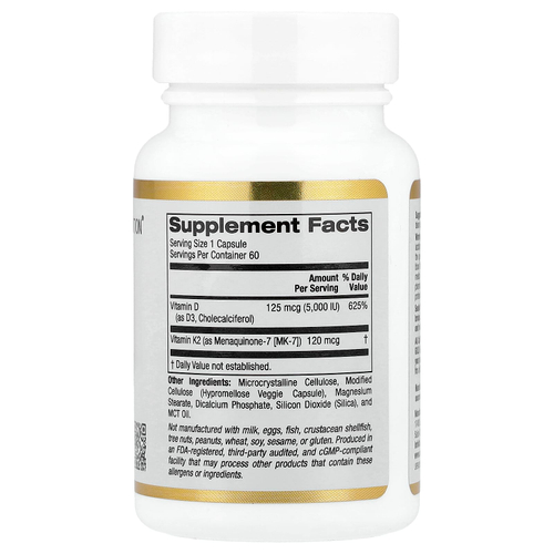 California Gold Nutrition, витамины D3 и K2 в форме MK-7, 60 растительных капсул
