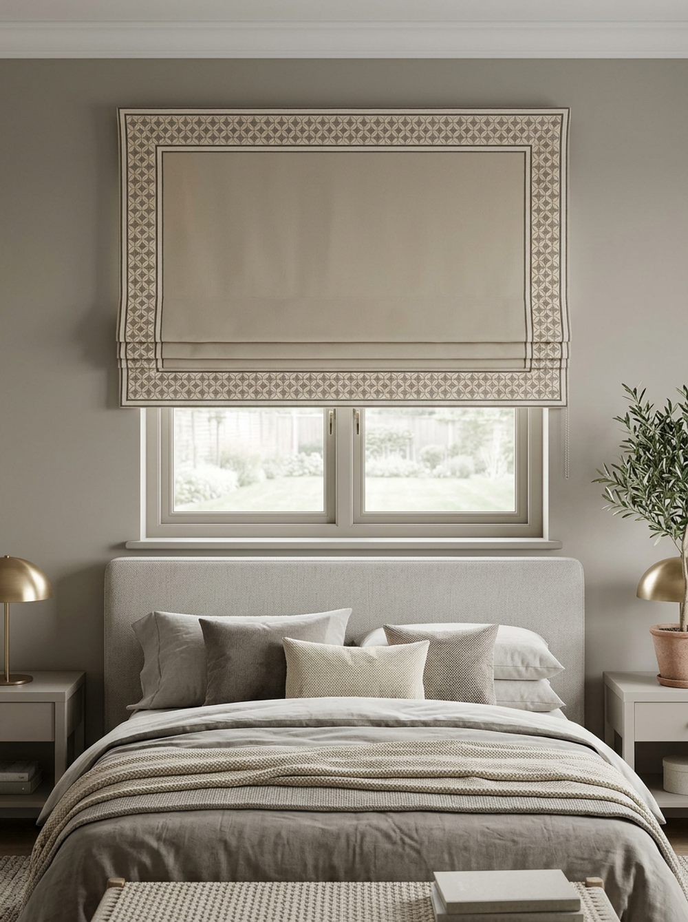 Римская штора Aisa арт. Lux blackout col. 03 с декоративным бордюром Nope Pampas-007 и карнизом