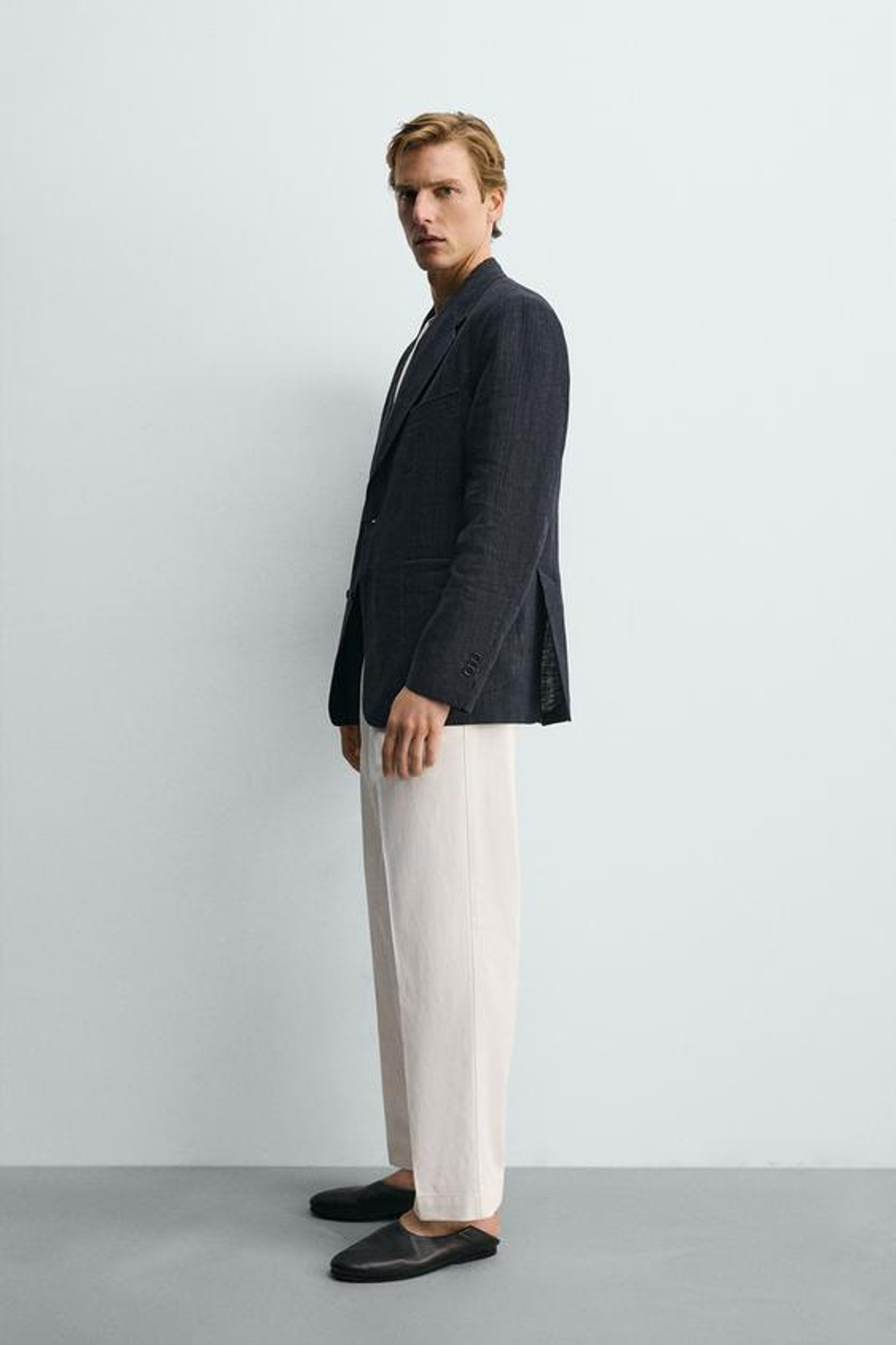 ZARA БРЮКИ REGULAR FIT ИЗ ВИСКОЗЫ И ХЛОПКА, ЖЕЛТОВАТО-БЕЛЫЙ