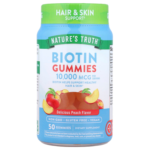 Nature's Truth, жевательные таблетки с биотином, со вкусом персика, 50 жевательных таблеток (5000 мкг в 1 жевательной таблетке)