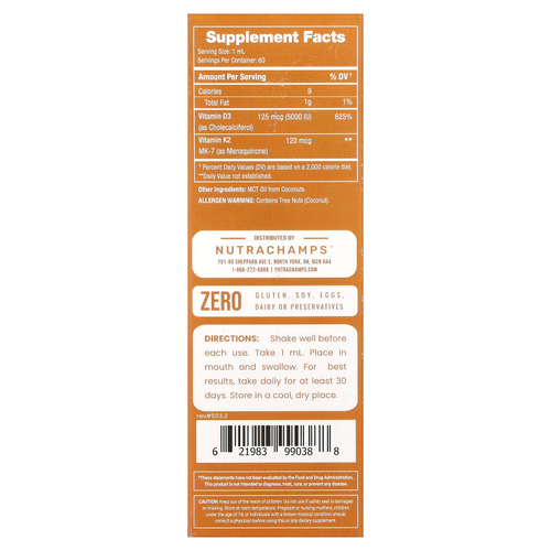 NutraChamps, Жидкие капли D3 + K2, без добавок, 60 мл (2 жидк. унц.)