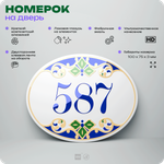 Номер на дверь квартиры 587, для кабинета, офиса, в средиземноморском стиле, шильдик 10 х 7,5 см, белый, Айдентика Технолоджи