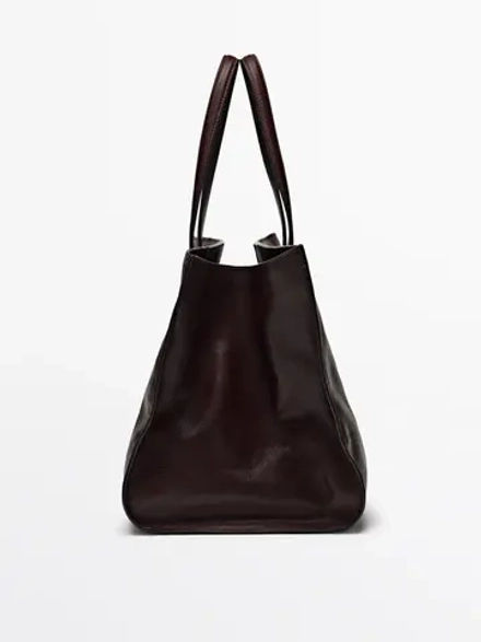 Massimo Dutti Большая сумка-шопер из кожи наппа, красновато-коричневый