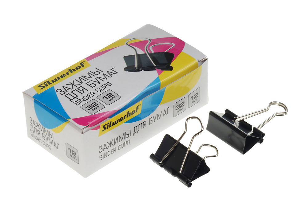Зажим для бумаг металлический 32мм черный 12шт/уп Silwerhof цена за шт