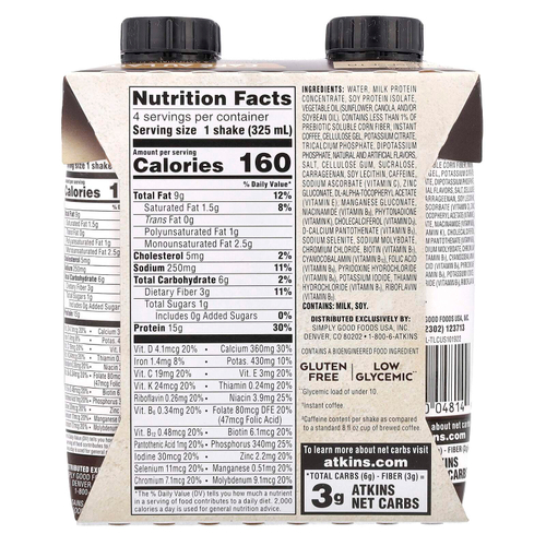 Atkins, Кофейный протеиновый коктейль со льдом, Cafe Au Lait, 4 коктейля, 325 мл (11 жидк. унц.)