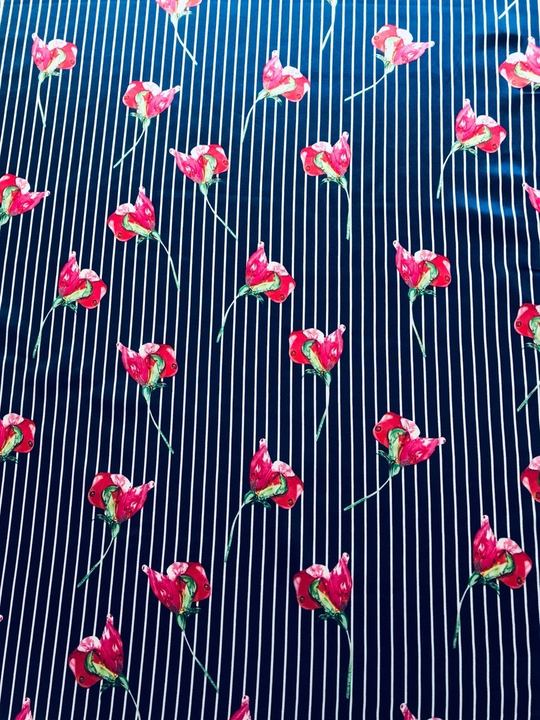 Атлас принт полоска синий/белый, спандекс SATIN D1аС1