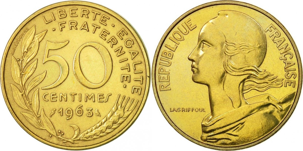 Франция 50 сантимов, 1962 - 1964 Мариана XF