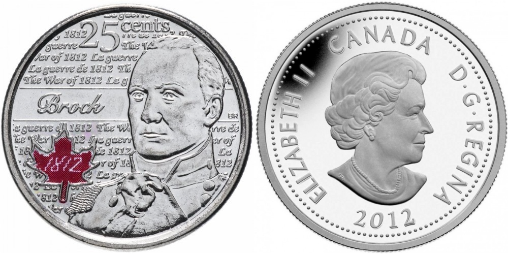 Канада 25 центов, 2012 Война 1812 года - Генерал-майор Исаак Брок, Цветное покрытие