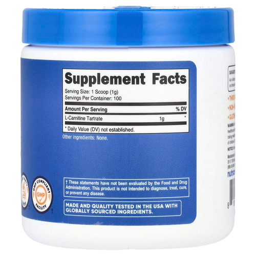 Nutricost, L-карнитин тартрат, без добавок, 100 г (3,5 унции)