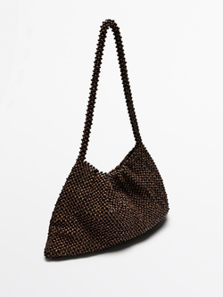 Massimo Dutti Сумка-сэтчел с деталями из дерева и плечевым ремнем, коричневый