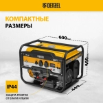 Генератор бензиновый DENZEL PS-33E, 3.3 кВт мощность и 212 см3 объем двигателя, 15 л объем топливного бака, ручной и электростартер, блок AVR, 2 розетки и выход 12 В/USB 5 В, 94537