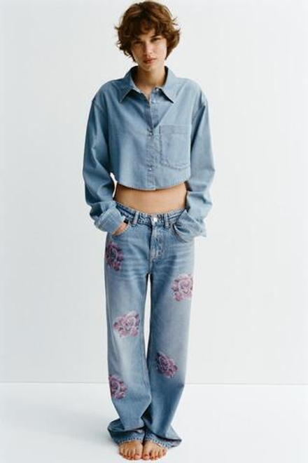 ZARA УКОРОЧЕННАЯ ДЖИНСОВАЯ РУБАШКА TRF, СИНИЙ