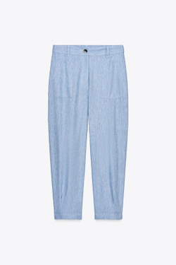 ZARA БРЮКИ-ДЖОГГЕРЫ ИЗ ЛЬНА, ГОЛУБОЙ