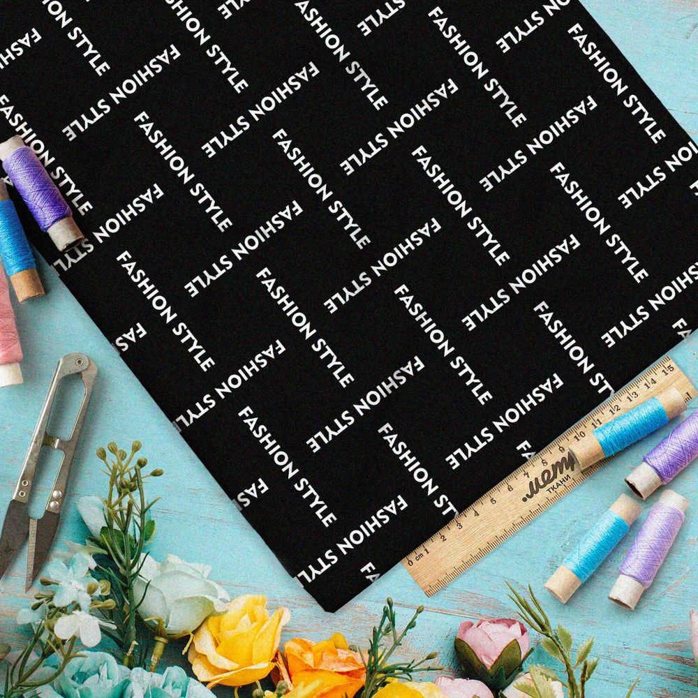 Ткань шифон стильная клетка из белых надписей на чёрном фоне