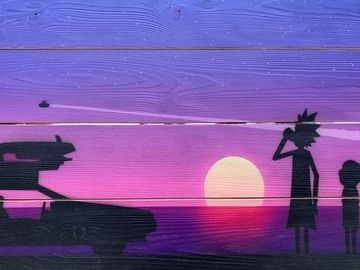 Картина на досках Рик и Морти на закате (40x58 см)