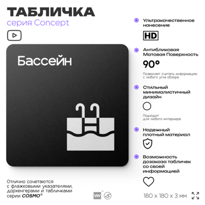 Табличка Бассейн, на дверь и стену, навигационная и информационная, серия CONCEPT, 18х18 см, Айдентика Технолоджи