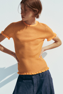 ZARA ТОП ИЗ ТРИКОТАЖА В РУБЧИК В ПОЛОСКУ, ОРАНЖЕВЫЙ