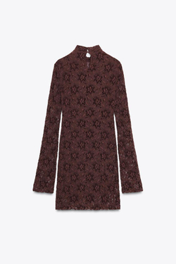 ZARA КОРОТКОЕ КРУЖЕВНОЕ ПЛАТЬЕ, БОРДОВЫЙ