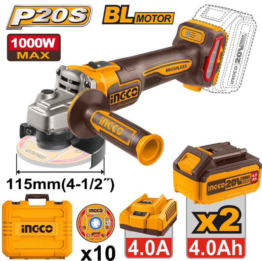 Аккумуляторная угловая шлифовальная машина (УШМ) INGCO CAGLI271532 INDUSTRIAL 20 В 115 мм 2x4 Ач