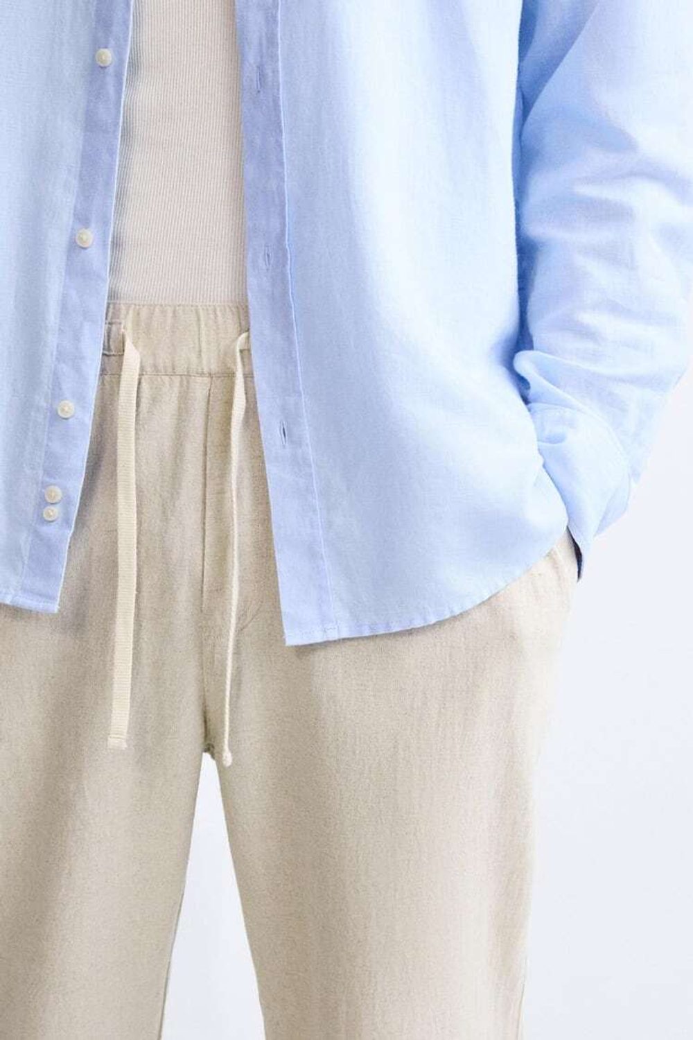 ZARA БРЮКИ ИЗ ХЛОПКА И ЛЬНА, СВЕТЛО-БЕЖЕВЫЙ