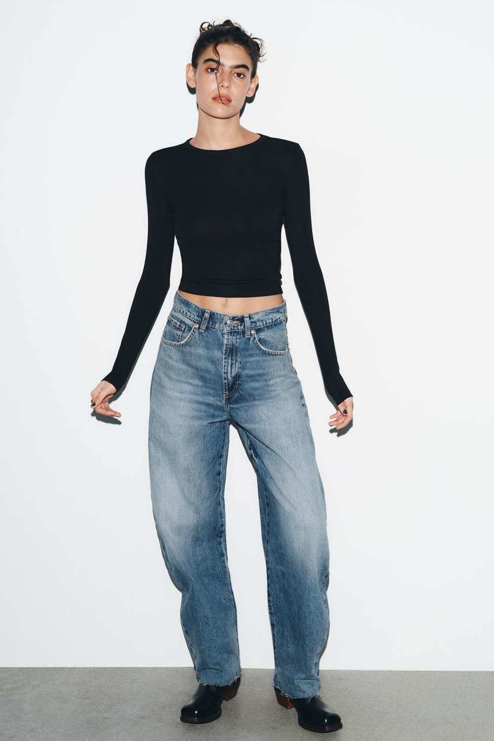 ZARA ФУТБОЛКА С ДЛИННЫМИ РУКАВАМИ, ЧЕРНЫЙ