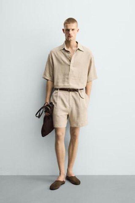 ZARA ШОРТЫ RELAXED FIT ИЗ ЛЬНА И ВИСКОЗЫ, ПЕСОЧНЫЙ
