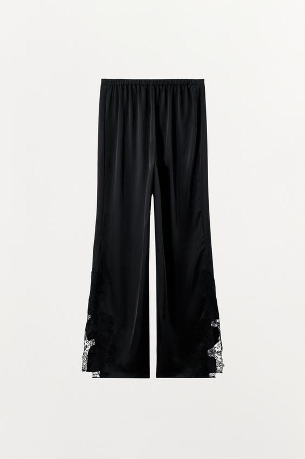 ZARA АТЛАСНЫЕ БРЮКИ С КРУЖЕВОМ, ЧЕРНЫЙ