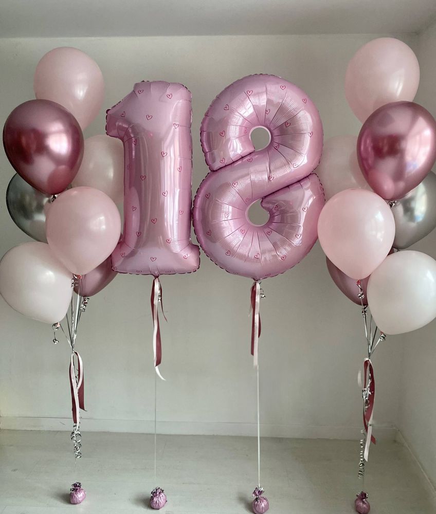 Воздушные шары на совершеннолетие цифры 18 розовые розовый/серебро/белый №4149