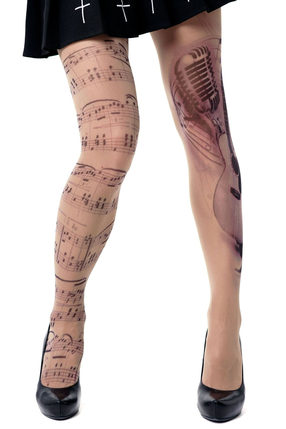 Колготки с принтом в виде нот и гитары (Размер: S-M-L) (Цвет: бежевый)